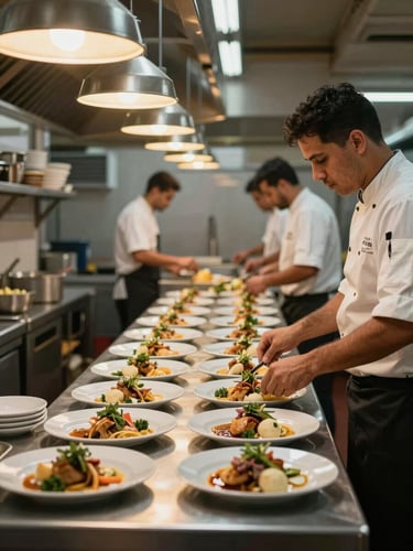 Wide environmental shot of the interior of a busy Brazilian restaurant kitchen, a cook plating dishes on a stainless counter under warm overhead light, professional operation in motion, left side has negative space