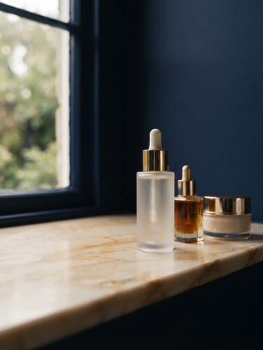 Pristine luxury cosmetic bottles on a warm marble ledge, soft morning window light, deep royal navy shadows, 50mm editorial photography