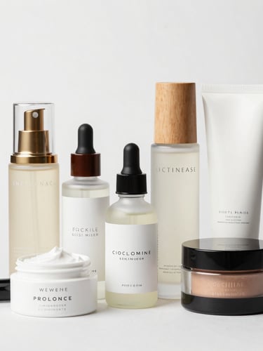 Pristine bulk-packaged luxury cosmetic bottles stacked elegantly on a white marble slab, soft natural window light, deep navy accents, 50mm