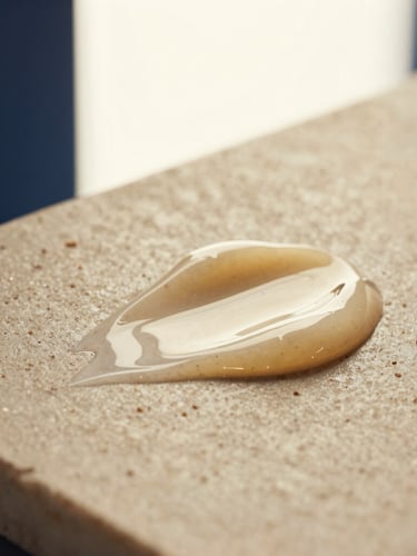 Close-up macro shot of clean serum texture on a textured stone plate, golden champagne lighting, premium editorial product photography