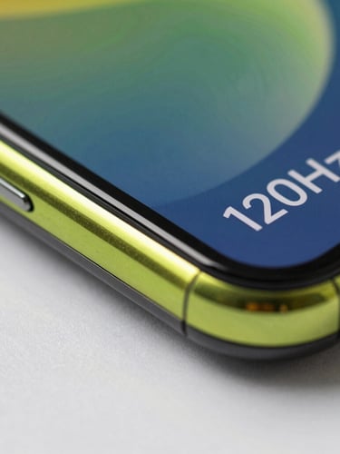 Extreme close-up macro shot of a physical Android phone screen showing a fluid 120Hz UI transition, sharp cyber-lime light reflecting off the curved glass screen edge