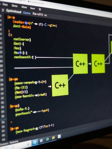 Macro capture of optimized C++ and Kotlin rendering loop code on a dark monitor, glowing cyber-lime accents highlighting zero-overhead architecture blocks