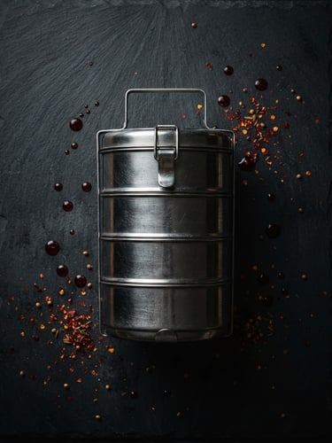 Overhead flat-lay of stacked stainless steel tiffin carriers on a dark slate surface, dramatic low-key lighting, deep crimson chili oil droplets nearby