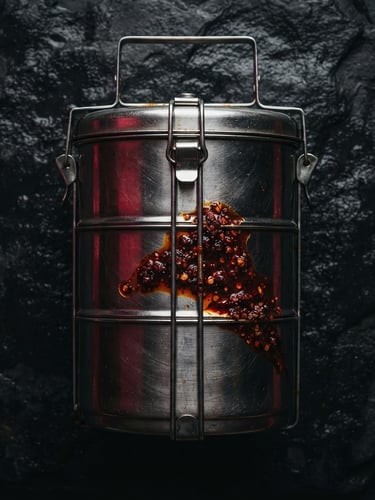 Overhead flat-lay of a three-tier stainless steel tiffin carrier on a dark charcoal stone surface, glistening chili-oil slick on the side, dramatic key light, deep crimson reflections