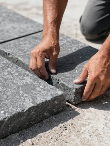 Close-up of a contractor's hands carefully aligning a thick charcoal paver stone, showcasing the tight interlocking joints and stabilized sand base, crisp morning light.