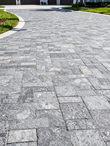 Low-angle wide architectural shot of a newly installed interlocking slate gray paver driveway in Lakewood Ranch under bright Florida sun, clean sharp joints