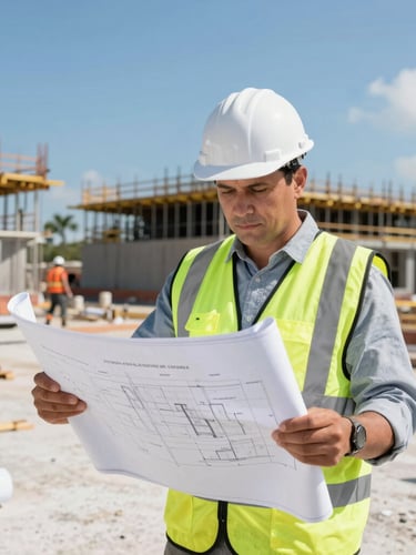 Close-up of a construction manager in clean safety gear reviewing blueprints on an active, organized Tampa commercial job site, bright natural daylight.