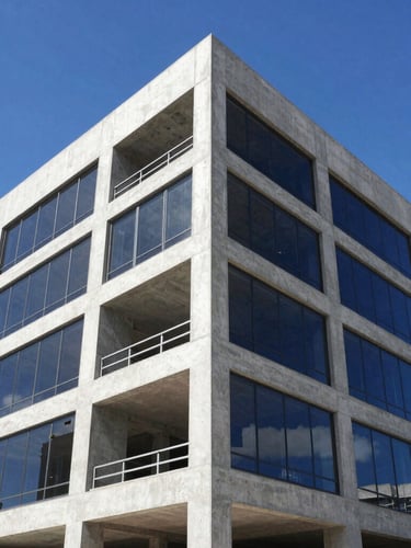 Low-angle architectural portrait of a completed structural project, clean concrete lines, glass facade reflecting bright Florida sun, professional, 35mm lens