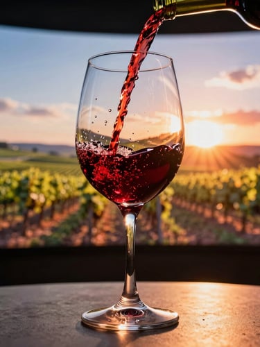 A close-up of a hand pouring red wine into a glass, illuminated by vibrant turquoise and violet light from a digital art projection on the wall, atmospheric low-key photography