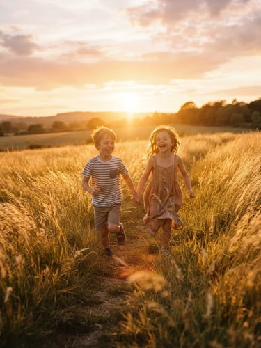 Cinematic wide shot of two young children running through tall golden grass at sunset, warm backlighting, natural lens flare, candid joy, 35mm film look.