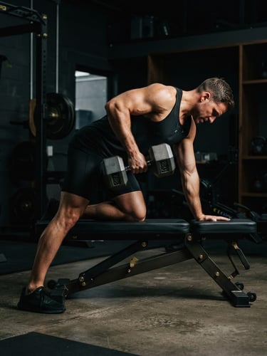 Dark editorial fitness photography of high-end private gym interior with premium black-and-steel equipment, dramatic low-key side-lighting, 35mm