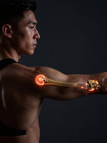 Close-up of a focused athlete undergoing a biomechanical motion capture assessment, glowing infrared markers on joints, dramatic low-key side-lighting, dark charcoal background, 35mm.