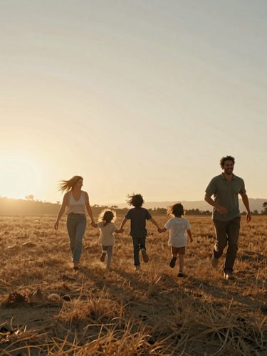 Wide cinematic landscape of a family running through a sun-drenched California field at sunset, wind-blown hair, warm backlighting, 35mm film look