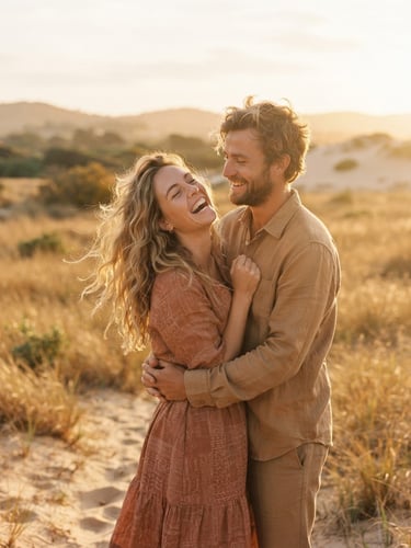 Cinematic portrait of a couple laughing candidly in a golden-hour field, warm sun-drenched backlighting, wind-blown hair, soft sand and terracotta tones, 35mm film look.