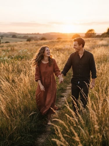Cinematic wide shot of a couple walking through tall grass at golden hour, warm backlighting, candid laughter, 35mm film look
