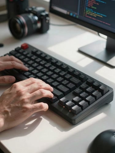 Close-up overhead shot of hands resting on a mechanical keyboard, code visible on a dark monitor screen in the background, bright daylight from a side window casting clean shadows across the desk surface