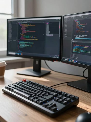 Close-up side angle of a developer's desk setup: mechanical keyboard in foreground, dual monitors displaying actual code syntax highlighted in a dark editor, bright daylight from a window to the left casting clean shadows, coffee cup visible at the edge, no faces