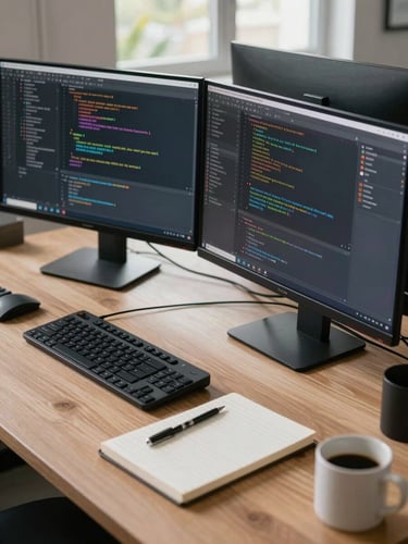 Side-angle wide shot of a developer's desk setup: dual monitors showing realistic code editors, a notebook open beside the keyboard, overhead daylight flooding the workspace, coffee mug at the edge of the frame