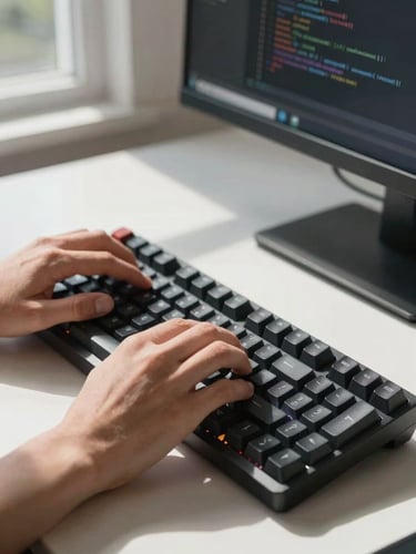 Close-up side angle of hands on mechanical keyboard, monitor behind showing lines of clean code, bright daylight from a window casting sharp shadows on a minimal desk setup