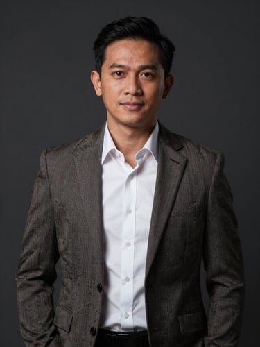 Foto profil profesional Aris Pratama, mengenakan pakaian bisnis kasual dengan latar belakang studio gelap, ekspresi percaya diri dan ramah.