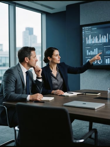 Sober corporate office, sharp focus, professional HR directors reviewing diagnostic charts on a screen, cool daylight, navy and slate tones, 35mm editorial photography