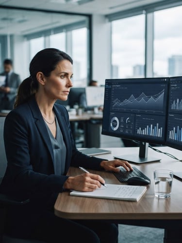 Sober corporate photography, professional compliance officer reviewing legal data charts on a screen, cool natural office daylight, deep navy and slate tones, sharp focus, editorial 35mm