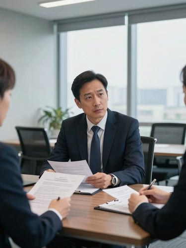 A professional meeting room with a psychologist and a labor lawyer in a serious, collaborative discussion over compliance documents, cool professional lighting, 35mm