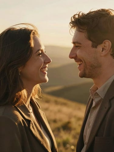 Close-frame portrait aspect — a couple mid-laugh on a sun-drenched hillside, faces turned toward each other, warm golden-hour backlight diffusing around them, neither looking at the camera, environment blurred softly behind