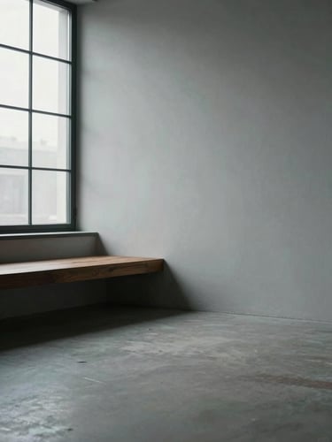 Spare studio interior corner at rest, no people, cool diffused window light falling on a smooth plaster wall and a single dark wooden ledge, empty and still, wide empty floor space in the foreground