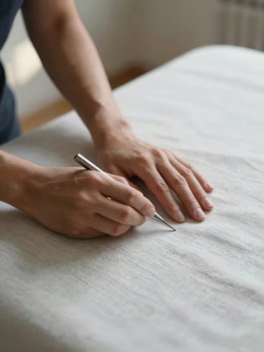 Close-up of a practitioner's hands resting on a clean linen surface, a single precision tool held at rest, soft diffused window light from the upper left revealing fabric texture and skin detail, spare negative space to the right