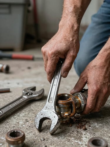 Close-up of weathered hands gripping a wrench on a corroded pipe fitting under natural daylight, tools resting on a concrete surface beside, context of a basement utility room visible in the background