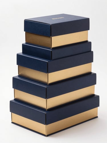 Three-quarter studio shot of a set of premium custom retail boxes arranged in a staggered stack, matte navy and gold foil finishes catching bright studio strobe light, crisp white background, no shadows, sharp detail on embossed typography