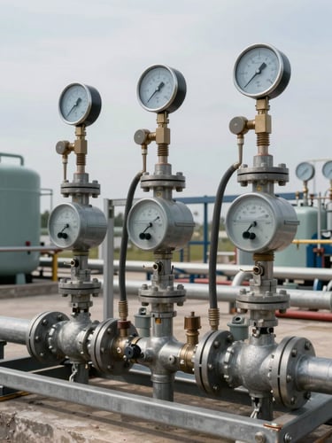 Wide shot of a compressed gas metering skid in an outdoor compressor station, multiple flanged differential-pressure transmitters and impulse lines visible, overcast daylight, galvanized steel structure, gauge faces showing high-pressure readings, no people, muted industrial palette