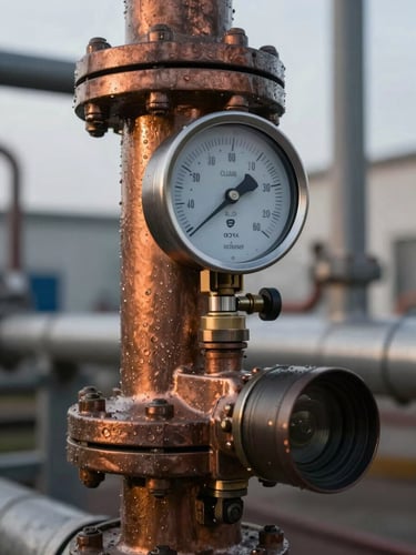 Extreme close-up of a flanged vortex flow meter mounted on a large steam header pipe, gauge face showing live pressure reading, copper-toned instrument body catching ambient amber work-site light, real industrial pipe insulation and condensation visible, overcast daylight, desaturated steel background
