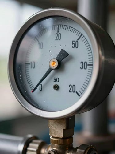 Extreme close-up of a differential pressure gauge face mounted on industrial steel pipe, amber backlit readout needle pointing to a precise value, work-site daylight from the left, condensation on the glass, dark metal housing in sharp focus
