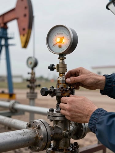 Hands adjusting the sensor head of a Coriolis flow meter on a crude oil transfer line, amber instrument indicator light glowing against desaturated steel pipe, oily residue on fittings, overcast work-site daylight, industrial pipe rack in background, tight framing