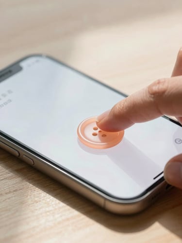 Macro detail of a hand tapping a beautifully designed, soft-peach button on a custom mobile interface, diffused morning light casting gentle shadows across a clean wooden tabletop.