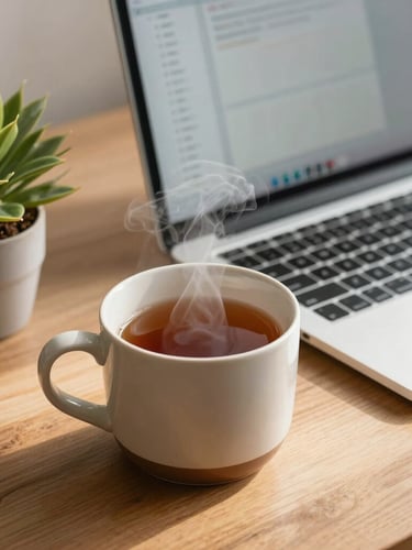 A close-up, warm-toned photograph of a cozy wooden desk in soft morning sunlight. A ceramic mug of steaming tea sits next to a small green plant and a clean, minimalist laptop displaying a simple, beautifully spaced app interface. Soft grain texture, inviting atmosphere.