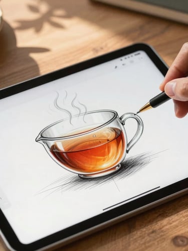 Close-up of a hand-drawn digital interface sketch on a tablet, showing a cozy tea mug timer with steam-rings, soft morning sunlight casting leaf shadows on a wooden table.