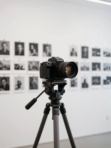 Artist's studio, large-format 8x10 camera on a tripod, work-in-progress proofs pinned to a magnetic white wall, soft overcast daylight, clean and architectural framing.