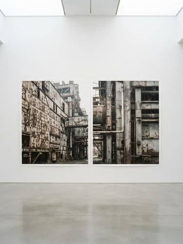 Wide panoramic view of a large-format archival pigment print diptych from the 'Industrial Scars' series, mounted on a clean white gallery wall, soft diffused daylight, straight-on architectural framing.