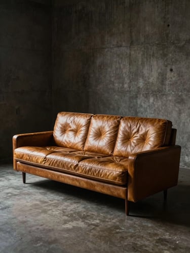 Portrait shot of a restored mid-century modern leather sofa in a dark architectural concrete room, low-key directional lighting highlighting gold leather grain, dramatic shadows