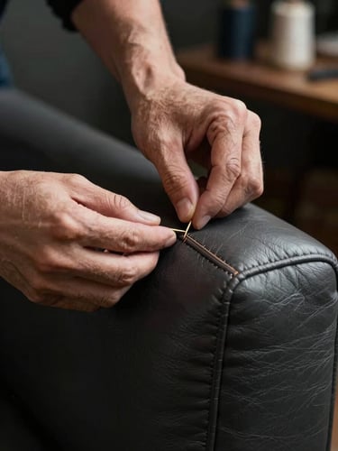 Cinematic close-up of artisan hands stitching a deep charcoal leather sofa seam, soft golden directional studio lighting highlighting the rich leather texture and precise thread lines, dark atmospheric workshop background, shallow depth of field.