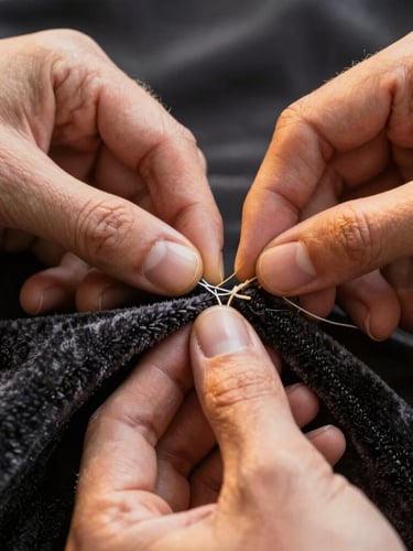 Macro close-up of artisan hands stitching a thick seam on dark charcoal velvet fabric, warm directional golden studio lighting highlighting the thread tension and fabric weave