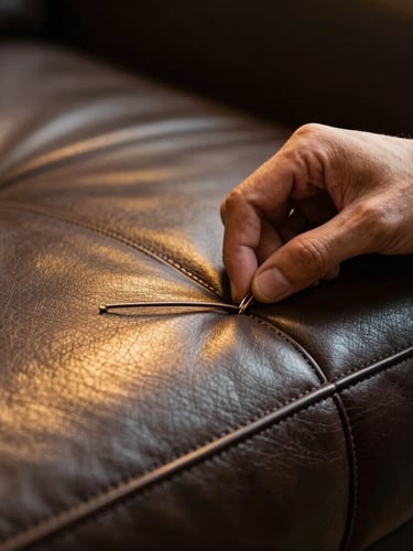 Close-up of artisan hands meticulously stitching premium dark leather on a luxury sofa frame, warm gold directional light highlighting the texture of the grain, cinematic depth of field.