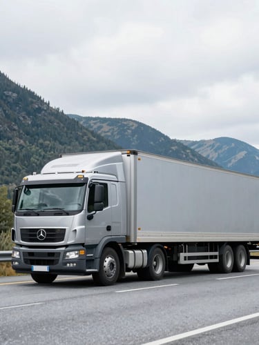 A wide-angle environmental shot of a clean West North transport truck driving on a scenic British Columbia highway under bright overcast daylight, sharp focus