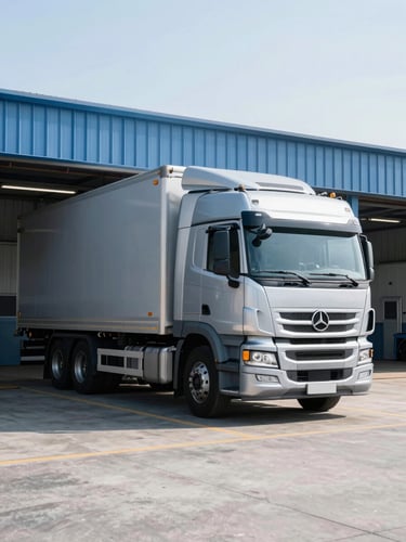 A clean, modern transport truck parked in a bright early morning sun loading bay, cool blue and silver tones, crisp commercial photography