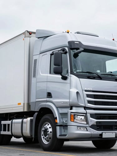 Close-up commercial shot of a clean modern transport truck parked at a bright cargo loading bay in British Columbia, cool silver metallic accents, sharp focus.