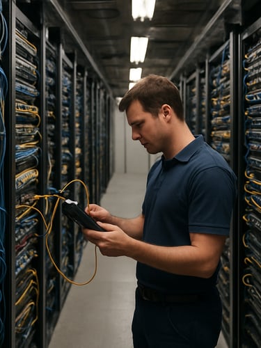 Environmental wide shot of a network server room inside an industrial facility, rows of structured cabling patch panels and active switches with indicator lights, a BTL technician testing cable connections at eye level, natural overhead fluorescent work lighting, no studio effects