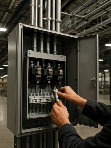 Wide environmental shot of an industrial electrical panel installation in progress — a technician's hands tightening conduit connections on a large distribution board inside a logistics warehouse, natural overhead site lighting, exposed cable trays visible in background depth, precise framing showing scale and operational complexity